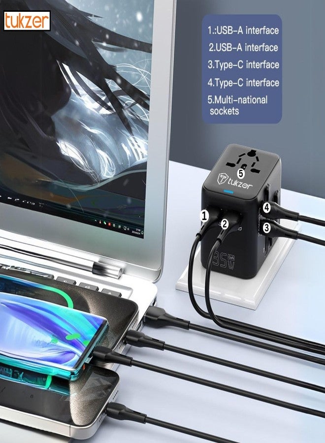 توكزر محول سفر عالمي 5 في 1 من Tukzer بقوة 35 واط، يدعم الشحن السريع، مزود بمنفذي USB-C بتقنية PD ومنفذي USB-A بتقنية QC 3.0، جميعها في محول واحد بمقبس دولي لأجهزة أندرويد، والأجهزة اللوحية، وأجهزة آيفون، والهواتف الذكية، وأجهزة الكمبيوتر المحمولة. - Image 2